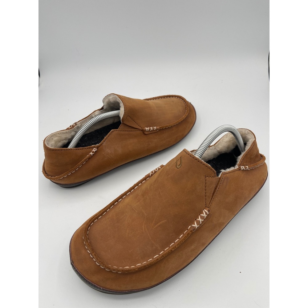 OluKai Moloa Slipper Mens 11 Toffee Dark Wood Leather Shearling 10252-3363
